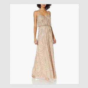 Adrianna Papell Beaded Blouson Spaghetti Strap Gown Maxi Dress Size 0 Nude Beige